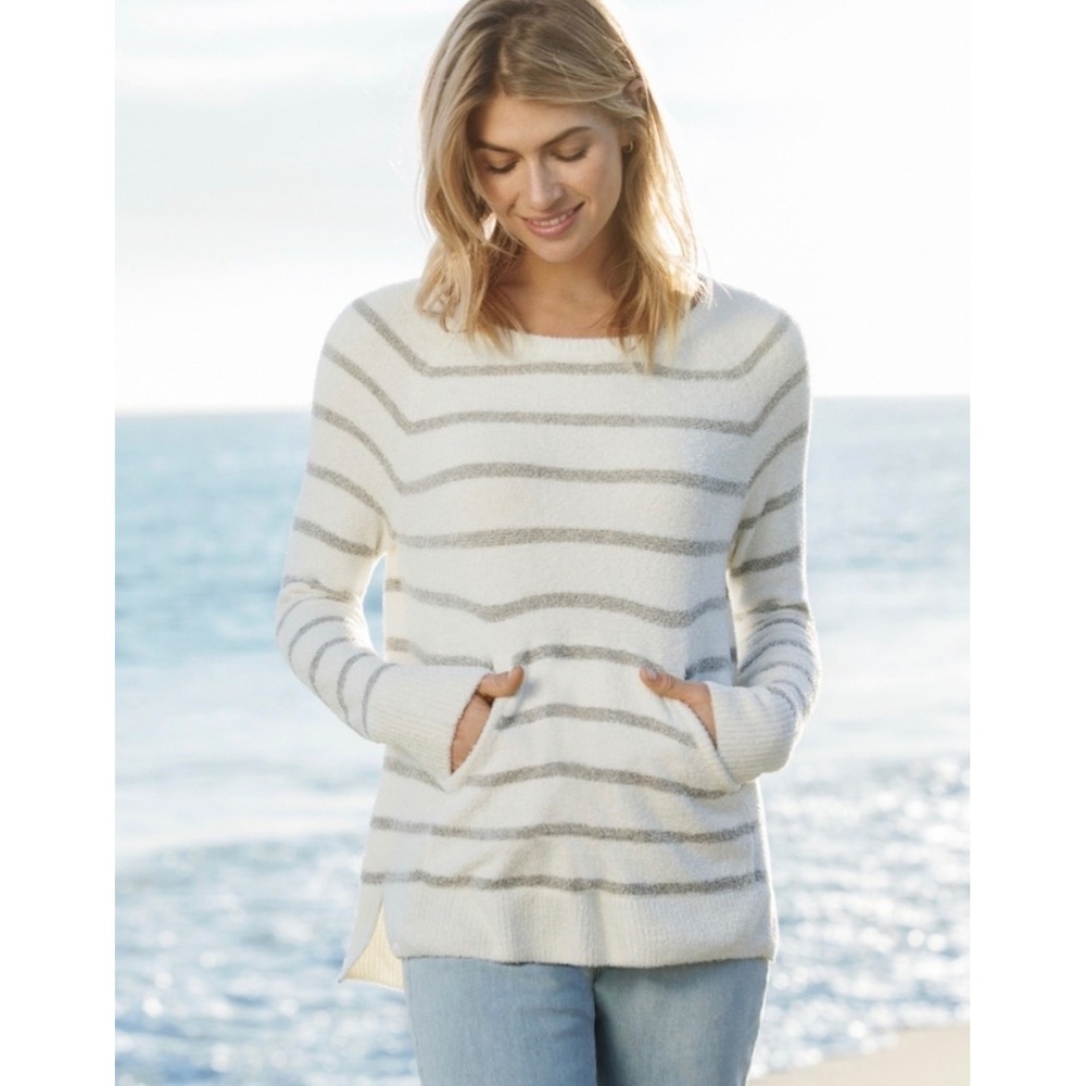 Barefoot Dreams CozyChic Lite Striped Kangaroo Pocket Sweater Cream Grey XL